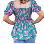 JODIFL 🌸 Peplum Smock Top | Green & Pink Floral | Size M | Flirty & Fun! 🌿🌷 Photo 2