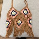 Vivid Crochet Top with Fringe in Tan and Pink Brown Size M Photo 2