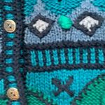 Vintage 90s Cardigan Sweater Round Neck Bright Blue Hand Knit Abstract Pattern Photo 8
