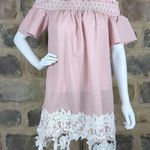 Tassels N Lace Smocked Off-Shoulder Tunic Dress Woman's Size Large Pink White Photo 0