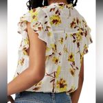Free People  Naya Ruffle Floral Blouse Ivory Short Sleeve Top size S Boho Cottage Photo 1