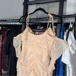 Oh Polly  Tie Shoulder Mesh Ruched Mini Dress in Sand Photo 6