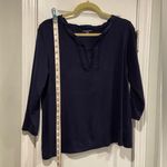 Laura Scott  Size LP Navy Blue 3/4 Sleeve V Neck Top Satib Embroidered Trim Photo 9