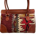 Vintage EM MAY Kilim and brown leather satchel shoulder bag. Photo 3