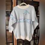 Vintage 80s Pastel Bow Sweater knit crewneck Pullover DELIVERYLtd grandmillenial Blue Size XL Photo 10