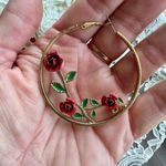Gold Tone Rose Enamel Hoop Earrings Green Photo 1