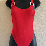 Aerie Crinkle Birthday Scoop Cheekiest One Piece Swimsuit XS Red Shimmer NWT Photo 0