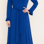 VINTAGE Victor Costa Blue‎ Ruffle Dress Sz 10 Long Sleeve Nylon Tie Belt Blue Photo 0