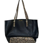 Kate Landry ‎ Black Leather  Python Snake Print Tote Shoulder Bag Zip Top Photo 0
