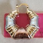 Tricolor Gold Filled Chunky Hoop Earrings Greek Key Design Photo 6