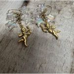 Vintage Iridescent Star Dangle Earrings with Gold Cherub Angel Charms 3 Inch Photo 1