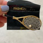 Vintage Tennis Racket Pin Brooch Gold tones Black Photo 0