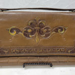 Antique Tooled Leather Clutch Handbag Brown Gold Taffeta Kiss Lock Handle Purse Photo 0