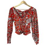 Free People  Say The Word Top Womens XS Red Floral Ruched Balloon Sleeve Peasant Photo 1