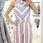 Crystal Sky Halter Neck Sleeveless Flare Leg Striped Tasseled Jumpsuit Pink 5 Size undefined Photo 0