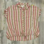 Ava James  Linen Blend Short Sleeve Button Shirt Striped Drawstring Top Size M Photo 2