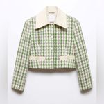Mango NWT Twiggy Green Cream Black Tweed Blazer Dogtooth White Buttons sz Large Photo 2