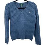 Ralph Lauren Lauren  Blue Cotton Cable Knit Ribbed Sweater Top Sz Medium Monogram Photo 0