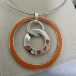 Boutique Silver Choker Necklace with Orange Enamel Circle Pendant and Earrings Set Photo 2