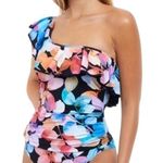 New! Profile by Gottex Color Rush Black Ruffle One Shoulder One Piece Swimsuit Blue Size 12 Photo 0