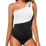 NWT ~ Black & White One Shoulder One Piece Tummy Control Swimsuit ~ Women's XL Photo 0