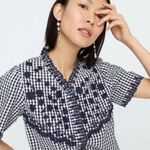 J.Crew Embroidered Indigo Crinkled Gingham Short Sleeve Navy White Top Cotton XS Photo 2