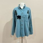 Three Rivers North Woods Trees and Bear Appliqué Teal Denim Shirt Size Small Blue Photo 3
