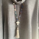 1Pc Boho Sweater Necklace Colorful Beaded‎ Cream Tassel Cross Charm Fashion Blue Photo 4