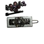 3 Hair Pin Barrettes Bobby Pin Flowers Black Purple Rhinestones Enamel Photo 1