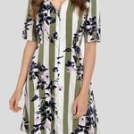 VERO MODA New  Floral Stripe Button Up Vilja Dress Short Sleeve Mini Green Navy Photo 5