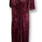 Vintage 90s Maxi Dress Burgundy Crushed Velvet Dark Floral Rosette Short Sleeve Red Size 14 Photo 2
