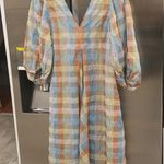 Ganni ππ Seersucker Check Dress ~ Midi Tent Plaid Picnic Balloon Sleeve Size 40 Photo 12