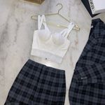 Balenciaga New Godet Stretch Wool Plaid Peplum Skirt in Grey and Black Photo 2