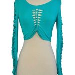 SLIT WEAVE Knotted Long Sleeve Turquoise Crop Top Rave Party Festival Club Sz S Photo 0