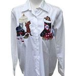 Rafaella VTG  Shirt Sz L Cute Cats Holiday Christmas White Embroidered Button Up Photo 0