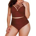None Maroon Strappy Ruched High Waisted Crisscross Swimsuit Bikini Size Med EUC #1291 Photo 0