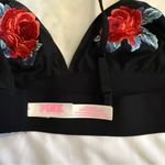 PINK - Victoria's Secret NWOT  Black Triangle Bralette with Red Rose Embroidery Photo 4