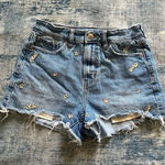 American Eagle  Distressed Floral Embroidered High Rise Denim Mom Shorts Size 00 Photo 0
