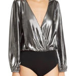 French Connection  Womens Silver Black Metallic Waterfall‎ V-Neck Bodysuit US 2 Photo 0