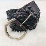 VINTAGE Wide Brown Braided Leather Belt Woven Silver Buckle 90s Y2K Size Large Brown Photo 2