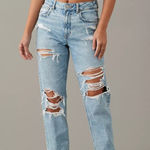 American Eagle Mom Jeans Medium Wash Ripped Straight Leg Jeans Size 4 Short Photo 0
