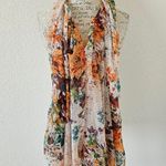 Flower Print Sheer Scarf with Orange and Teal Accents Wide Neck Scarf Wrap Photo 0