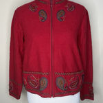Icelandic Design Boiled Wool Jacket Womens Size M Embroidered Zip Sweater Pocket Red Size M Photo 0
