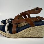 Ellos Blue White Striped Brown Faux Leather Strap Espadrille Wrap Ankle Wedge 11 Multiple Photo 3