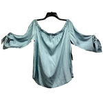 Karen Kane  Light Denim Blue Seascape Off Shoulder Tie Sleeves Blousy Peasant Top Photo 5
