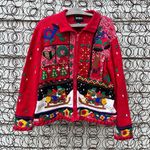 Vintage 90s Ugly Christmas sweater cardigan sledding teddy bears Americana bold Red Size L Photo 0