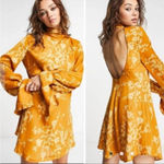 Free People Dress Aries Floral High Neck Open Back Dress Gold Floral XS Photo 1