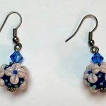 Blue and blush raised flower glass Lampwork drop earrings crystal accents Photo 0
