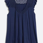 Mason & Belle Mason‎ & Belle Womens Lace Yoke Ruffle Detail Knit V-Neck Davina Top Navy Small Photo 0