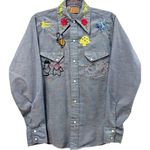 Rare 70's Sears Western Wear Chambray Shirt Hand Embroidered Folk Art Pearl Snap Size M Photo 0